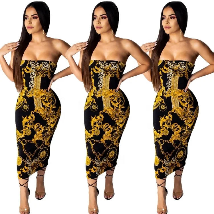 

Elegant temperament gold chain digital printing pattern sexy prom evening strapless midi dress women fitted tube top dress