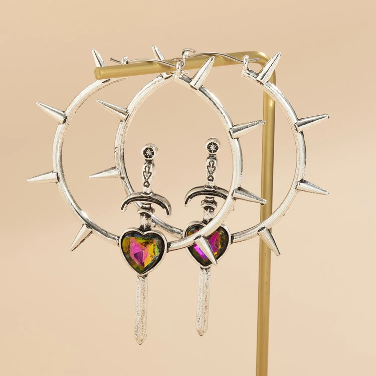 

Gothic Retro ancient sword pendant earrings stained glass heart-shaped hoop earrings women