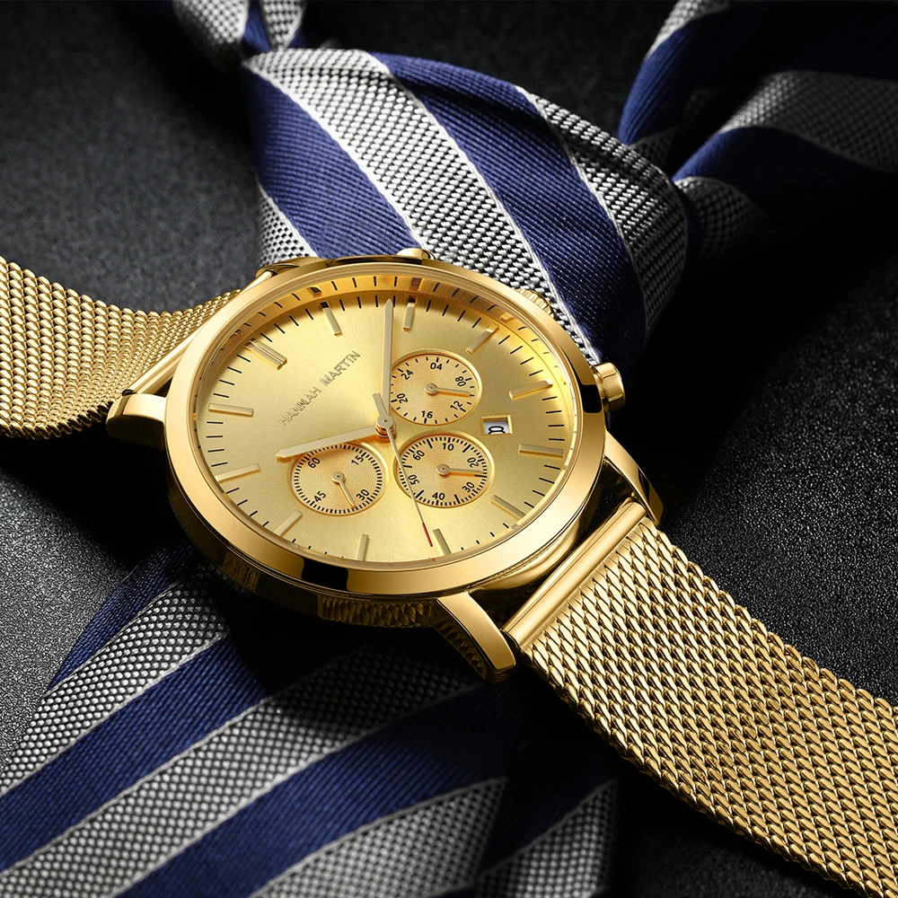 

High Quality Hannah Martin Golden Silver Stainless Steel Mesh Belt Three Eyes Busneiss Mans Wrist Quartz Watches With Date