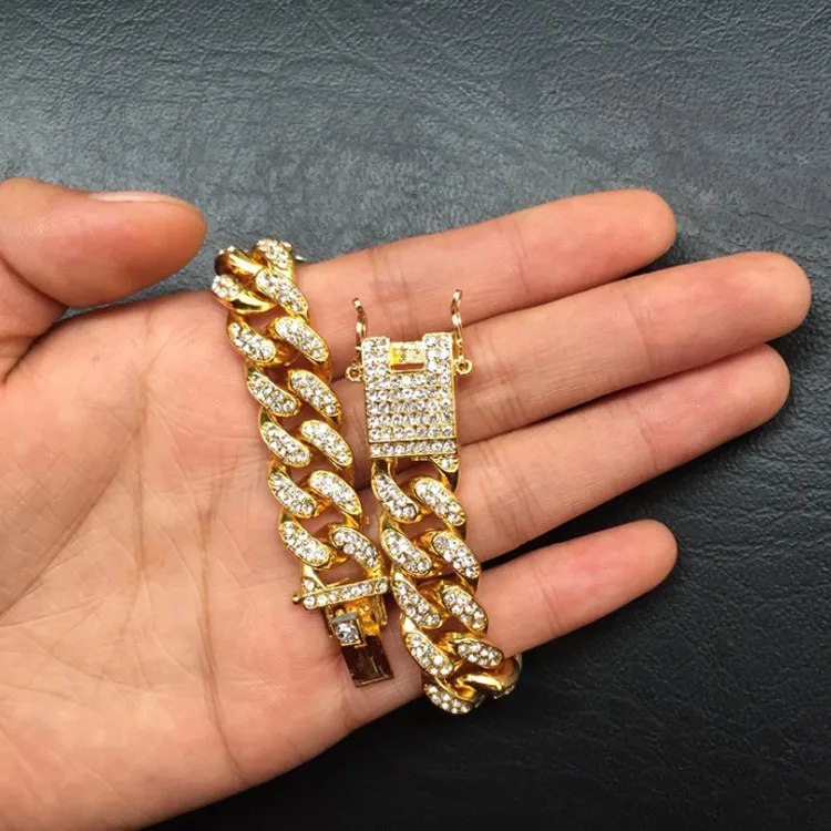 

Wholesale Hip Hop Miami Link Iced Out Gold Plated Cuban Chain Bracelet High Quality