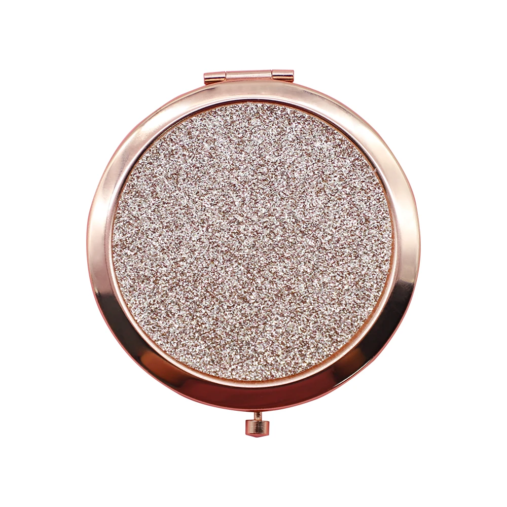 

Promotional Gift Rose Gold Plating Round Shape Metal Glitter Folding Makeup Pocket Portable Mirror