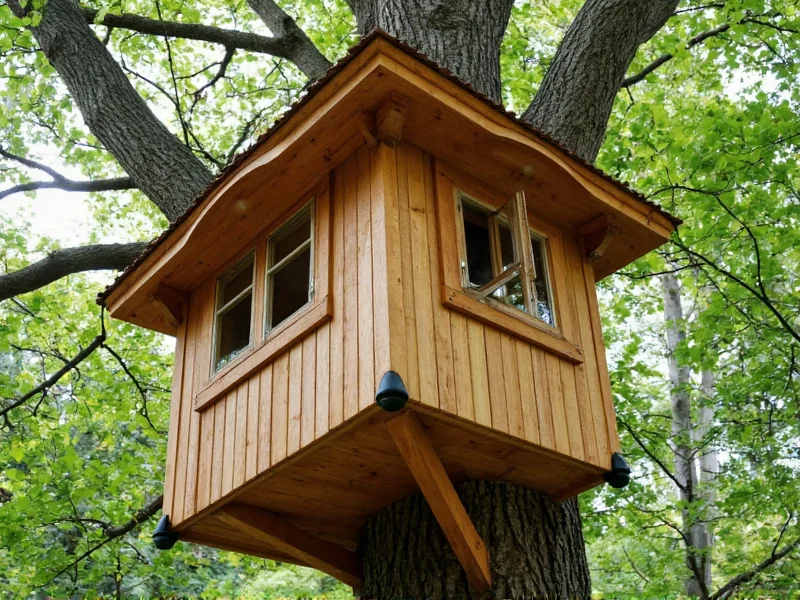 Tree house with rubber grommet joints allowing tree growth movement