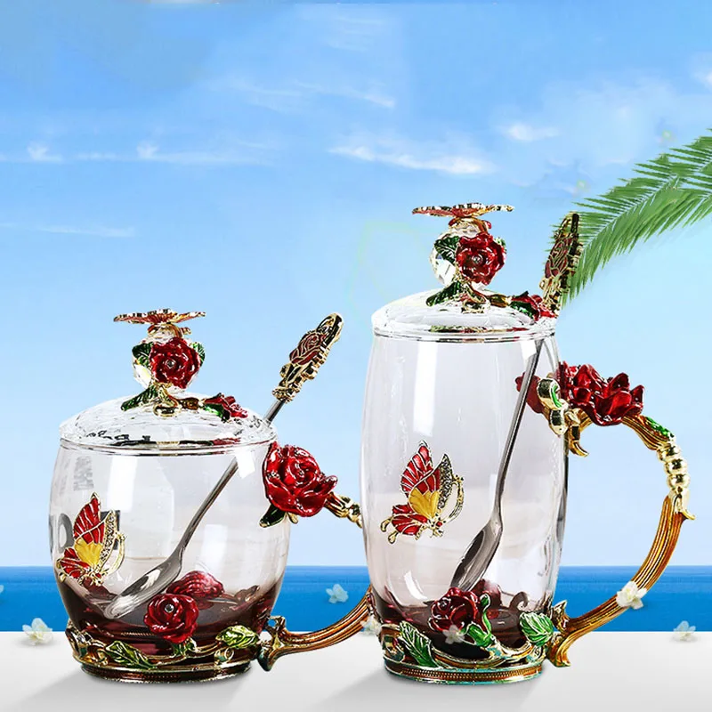 

Best selling enamel flower household crystal glass flower tea cup with handle, As picture