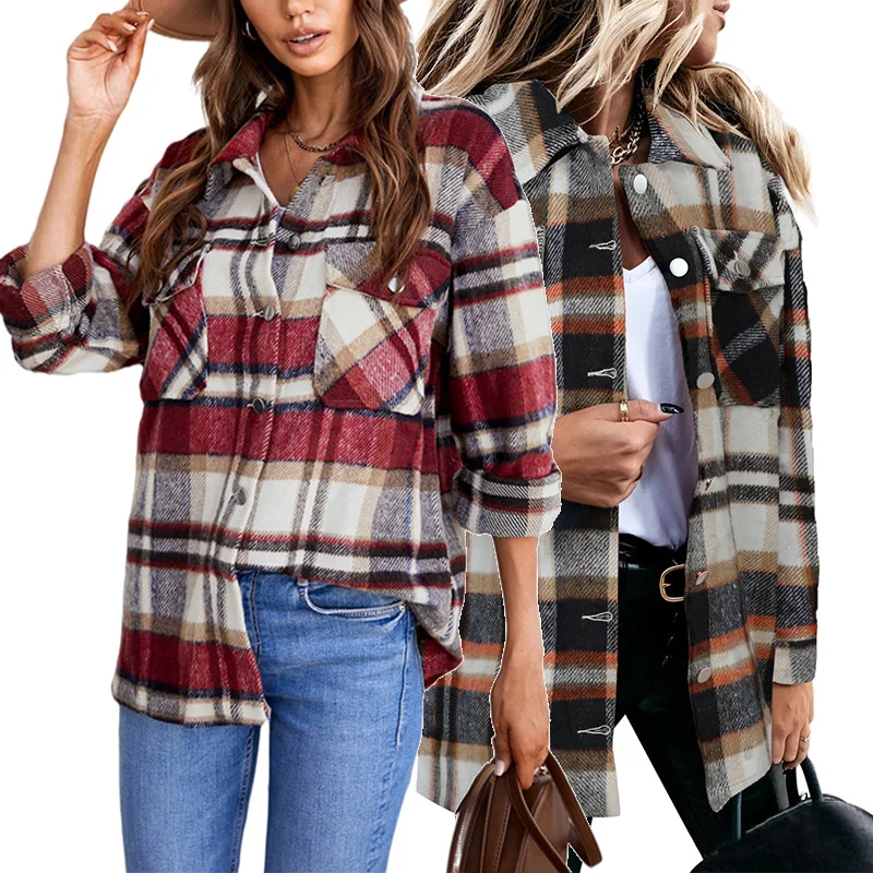 

Long Sleeve Plaid Blouse High Quality Custom Tops Casual Flannel Shirts for Shacket Women