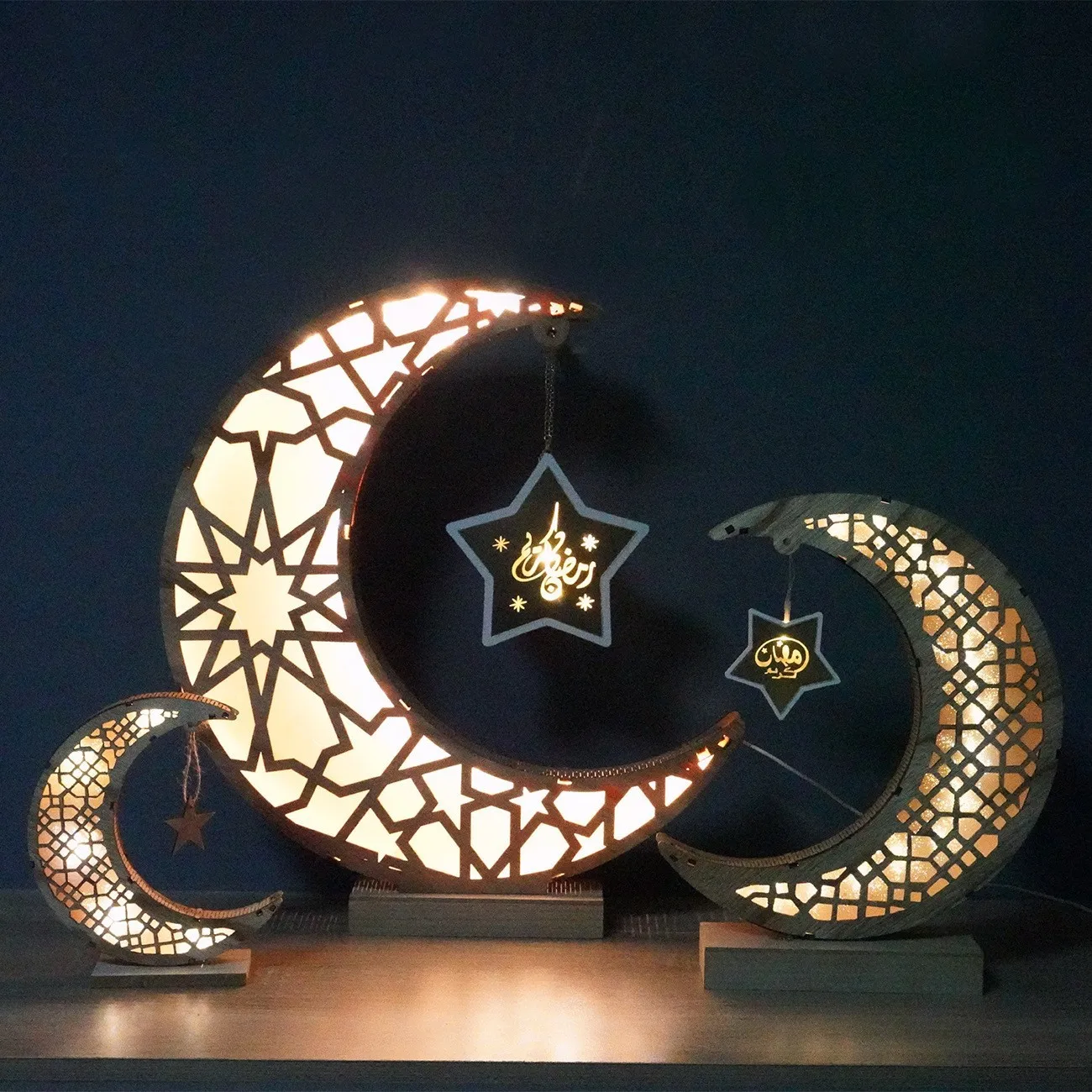 

2024 EID Ramadan Mubarak Wooden Craft LED Moon Lamp Home LED Moon Light for Party Decorations