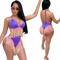 

2020 New Arrivals Fashion Women Sexy Neck Drawstring Sleeveless Bra Panties 2 Pieces Set Colorful Tassel Bikini Swimwear