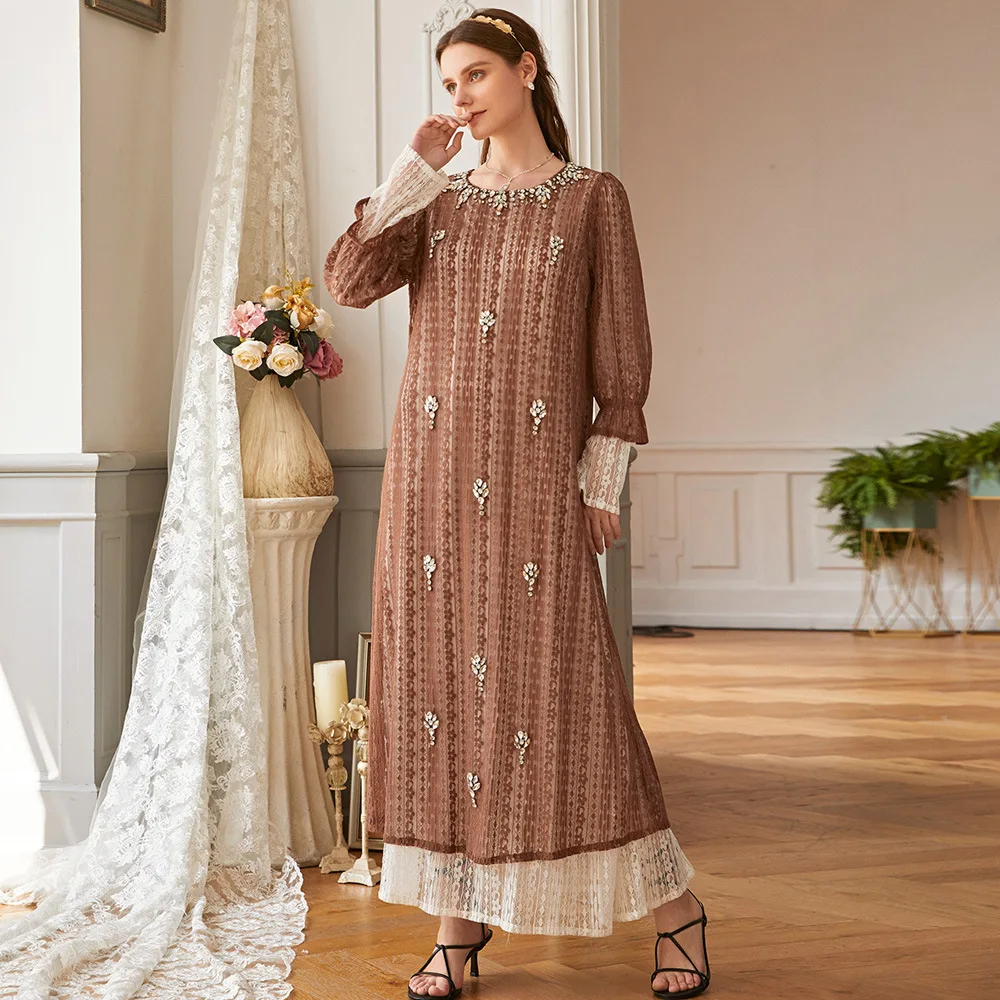 

Lace Beading Lantern Sleeve Maxi Dress Muslim Islamic Abaya Gown, Brown