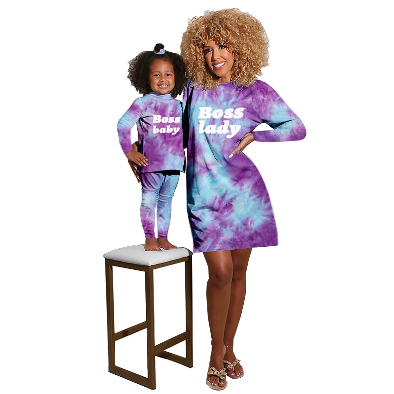 
Mommy and Me Outfits Fall Dresses for Women Tie Dye Sets Long Sleeve Two Piece Set Family Matching Pajamas 
