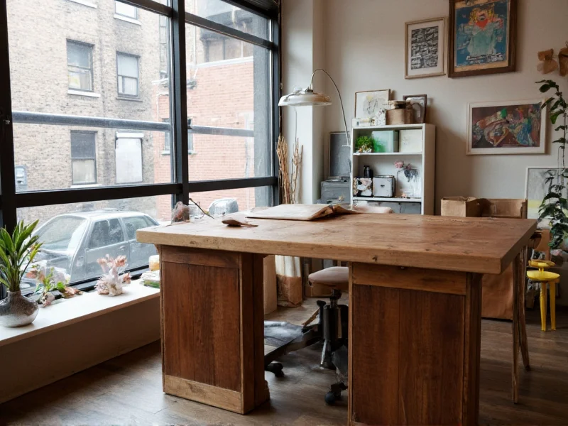 Compact reclaimed wood crafting table in small urban workspace