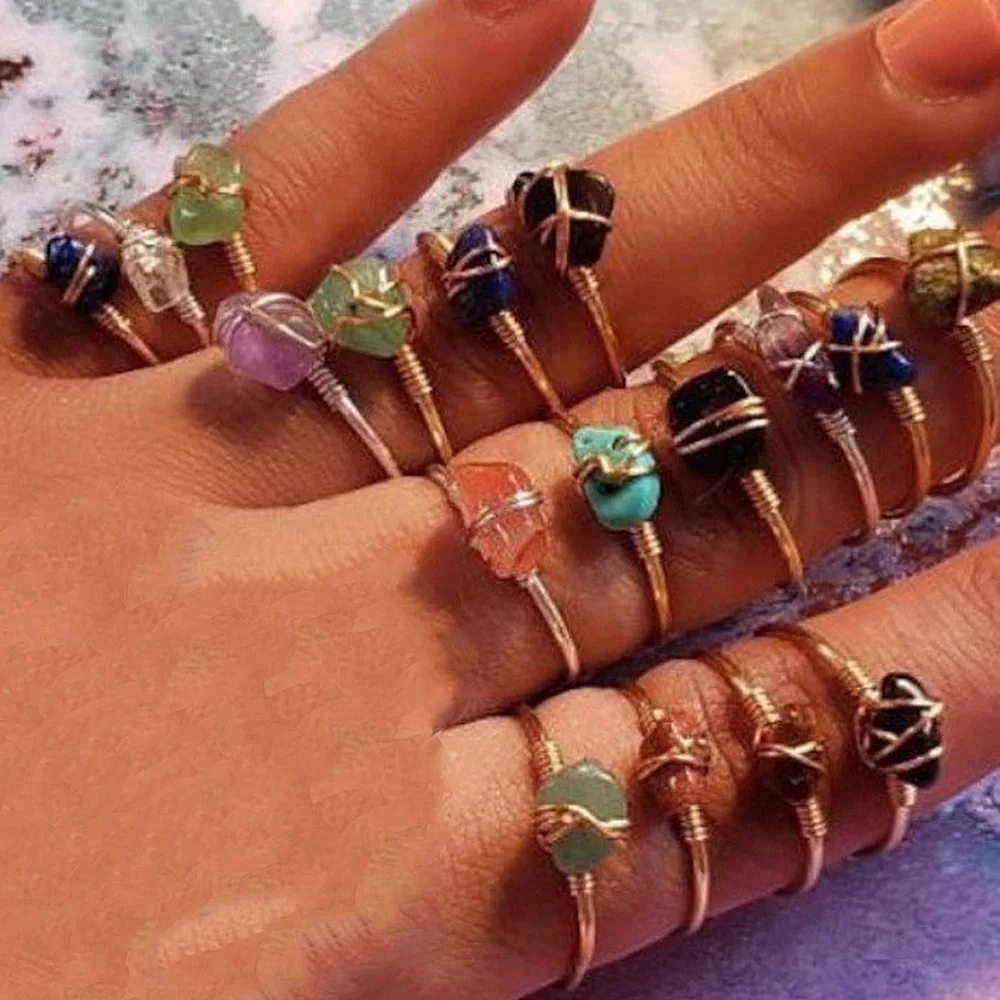 

18K Gold Plated Healing Crystal Stone Wire Beads Geometric Rings Finger Jewelry Set, Picture