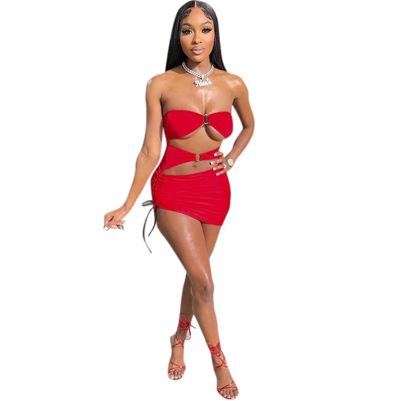 

K22DS009 Fashion Women's 2022 Spring Summer New Asymmetric Skirt Drawstring Off Shoulder Sexy Tight Tube Top Mini Short Dress, As pictures