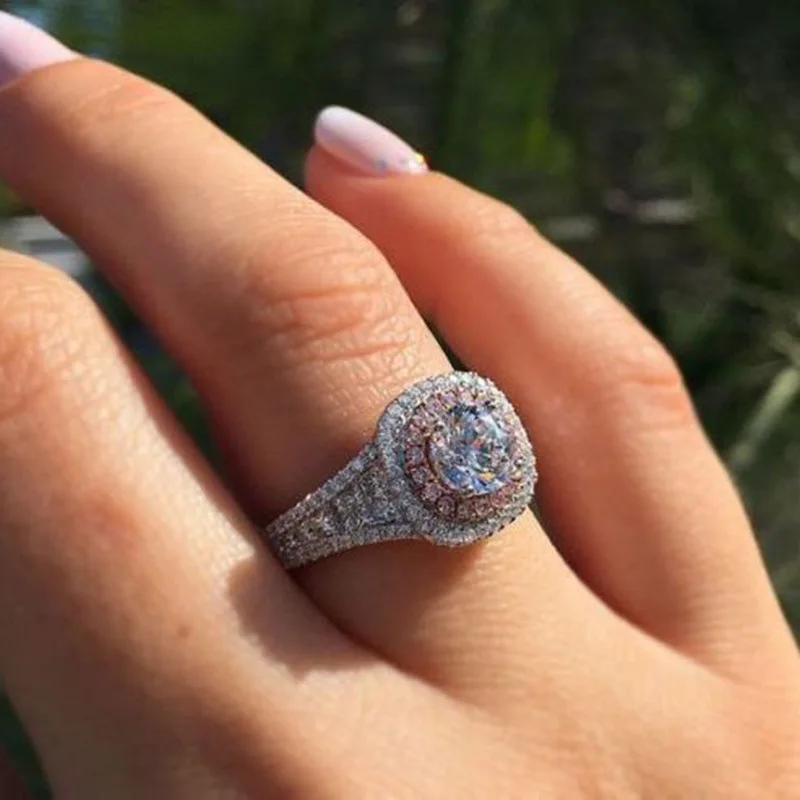 

2020 Amazon Hot Zirconia Top Standard Diamond Luxury Woman Ring Micro-set White Pink Silver Zircon Wedding Rings
