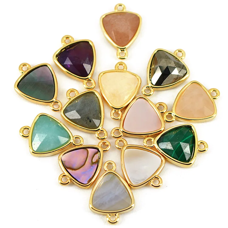 

JF8708 Dainty Gold Plated Faceted Natural Sunstone Semiprecious Stone Gemstone Trillion Triangle Bezel Two Ring Connector, Green,pink,white,pyrite,peach