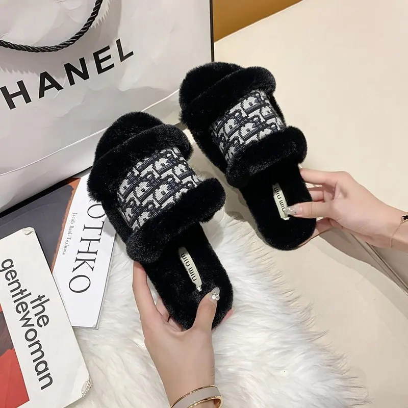 

Wholesale furry ladies slippers autumn plush ladies printing color embroidery one-word fluffy slippers, Multiple colour