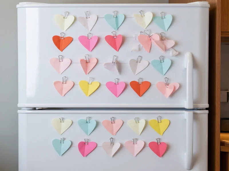 Colorful paper clip hearts arranged on refrigerator