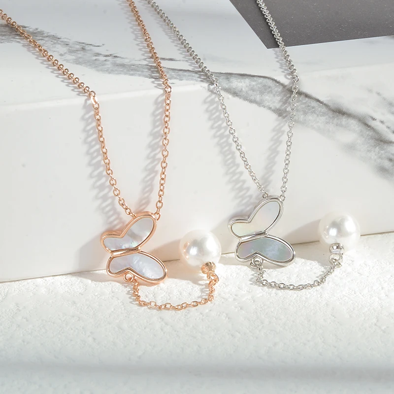 

XL61925 Trendy dainty gold plated women jewelry shell butterfly pendant pearl tassel necklace