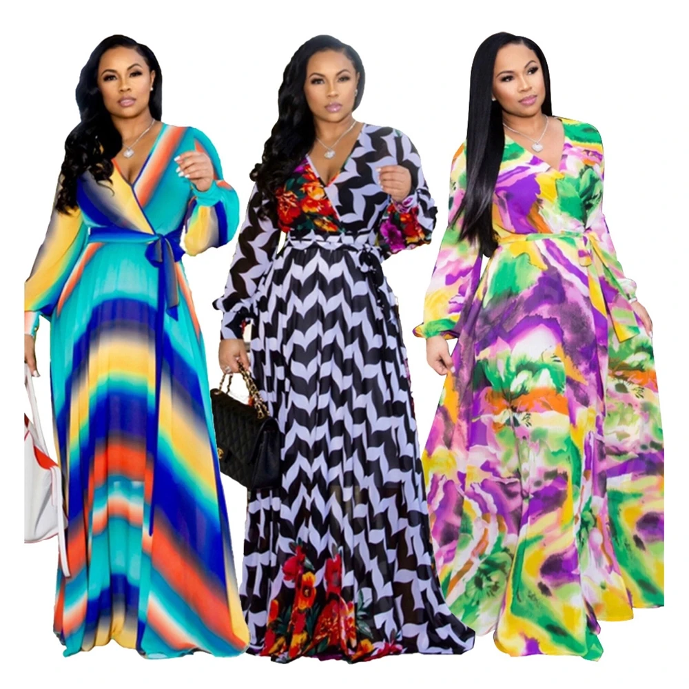 

Hot Selling Printed Chiffon V-Neck Tie-Dye Colorful Large Skirt Dresses Women Gown Casual Long, Picture color