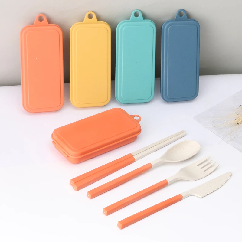 

Wheat Cutlery set folding spoon fork knife and chopsticks with wheat straw case camping wheat straw cutlery, Orange, yellow, blue and dark blue