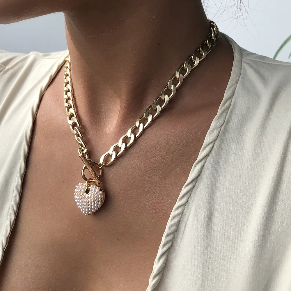 

JUHU Punk Style New Pearl Love Necklace Female Personality Bold Water Wave Alloy Clavicle Chain