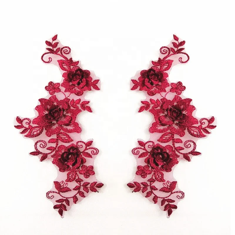 

Graceful embroidery 3D flower burgundy mesh lace applique for garment, Accept customized color