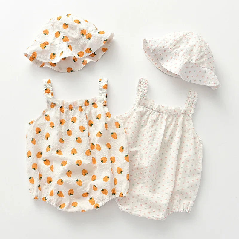 

Hot sale summer vintage baby clothes hat set cotton girls clothes baby romper