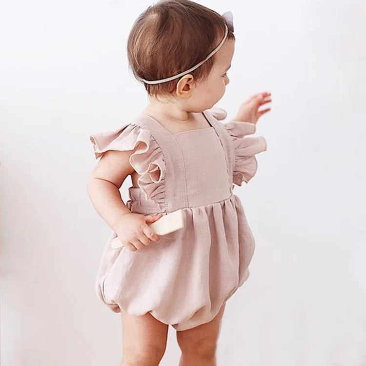 

Hot sale Boutique Newborn Baby Girls Flutter Ruffle Romper Blank Onesie Baby Clothes Cute Plain Baby Linen Bubble Rompers, Customized color