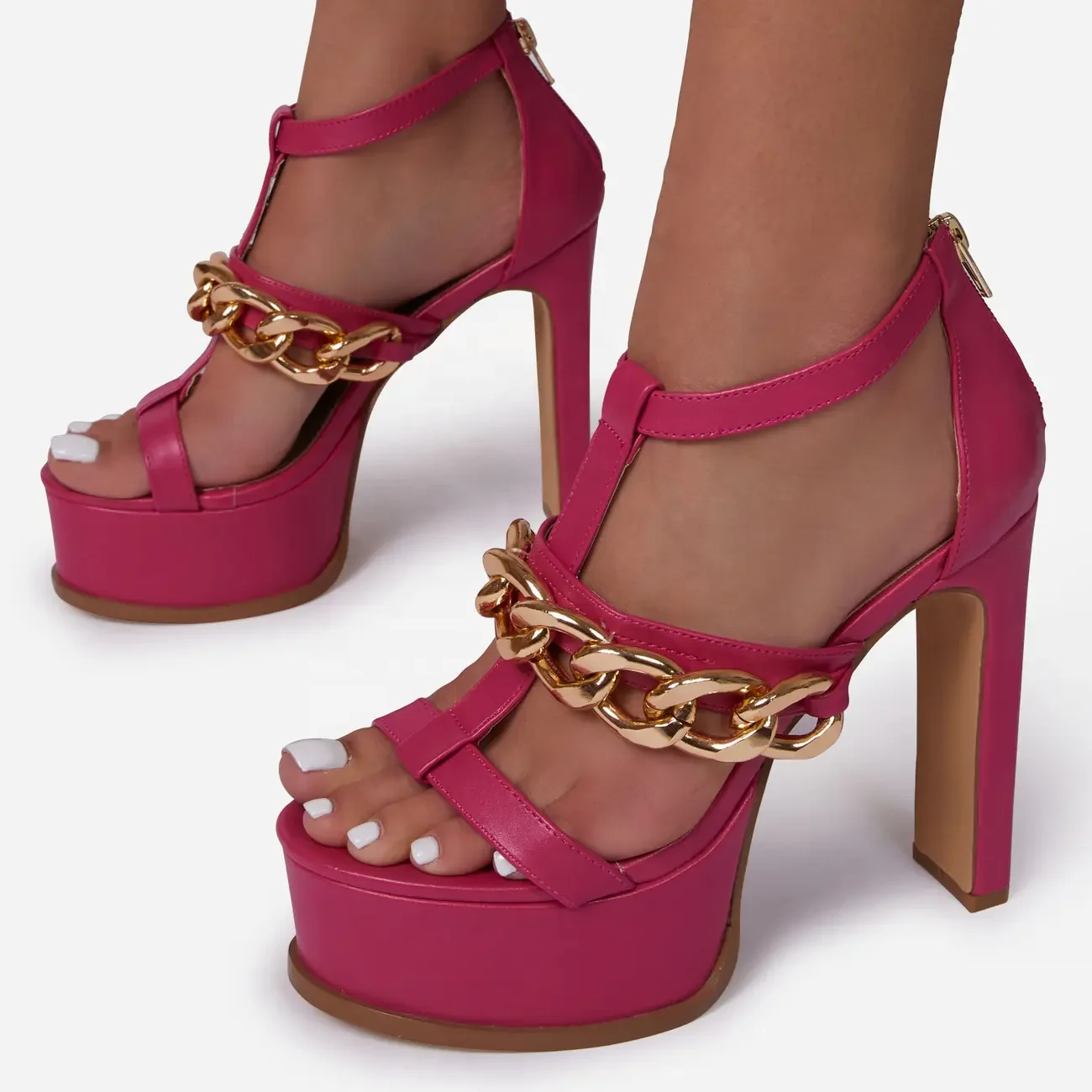 

High Platform Women Shoes Metal Decorate Open Round Toe Chunky High Heels Ankle Strap Outdoor Waterproof Summer Female Sandals, Rose red black green snake skin