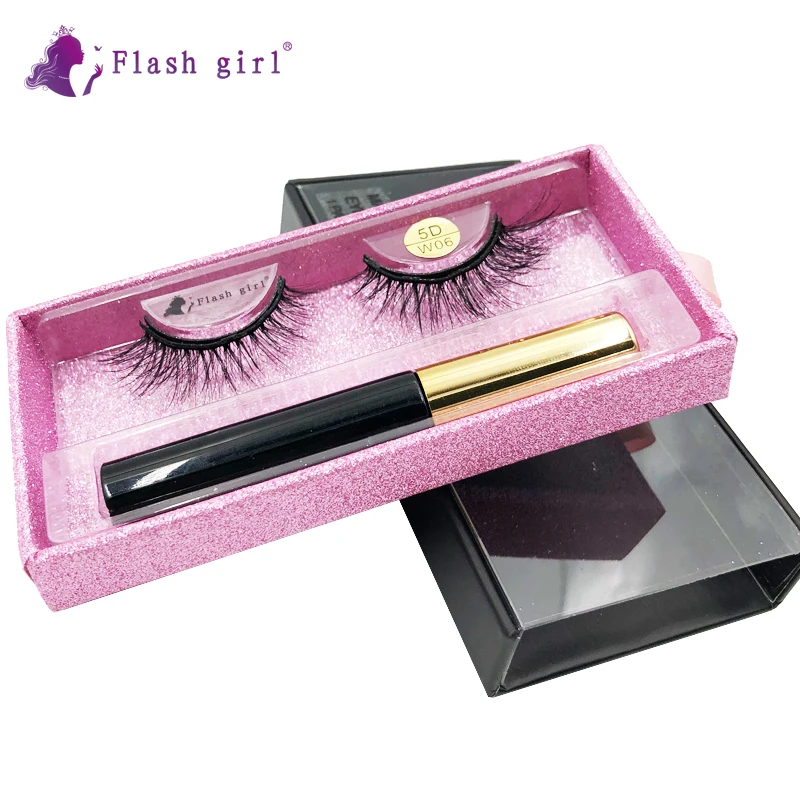 

Hot sale W-06 good quality 1 pair 5D mink magnetic eyelashes with packaging box liquid eyeliner and tweezers set