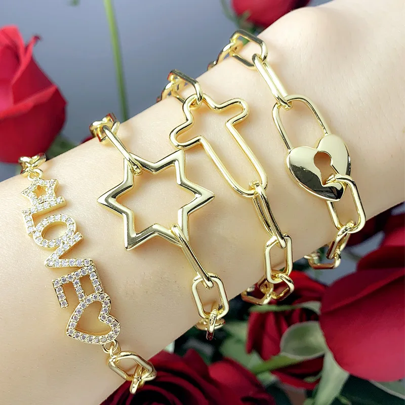 

New Design Charm Jewelry Women CZ LOVE Heart Curb Chain Link Bracelet Punk Thick Gold Chunky Chain Heart Lock Bracelet