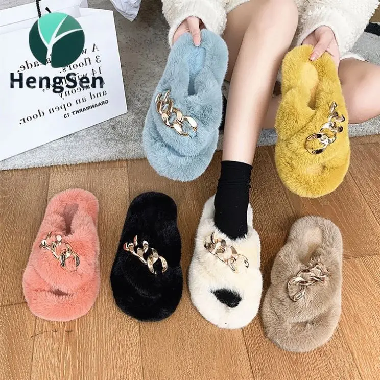 

Thick-Soled Crossover Plus Size Closed Toe Womens Slippers Ladies Fluffy Slippers, Picture