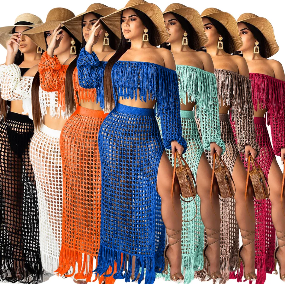 

Sexy Beach Crochet Bikinis Set Woman Swimwear 2021 Cover Up Tube Top Mesh Long Skirt Two Piece, Orange,coffee,black,white,light green,blue,red,