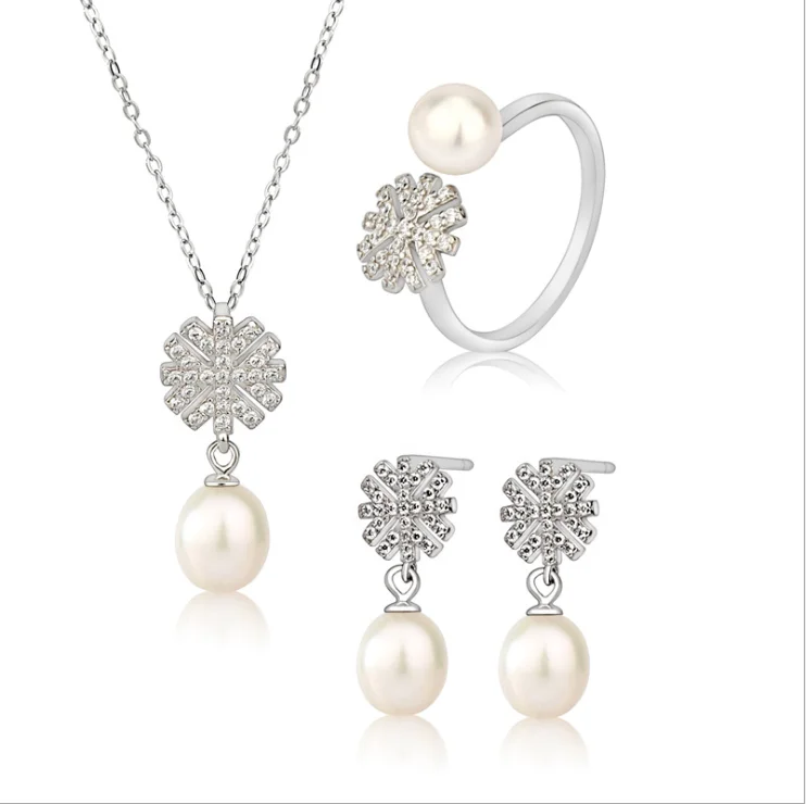 

Snowflake freshwater pearl set S925 sterling silver elegant Jewelry, White/pink