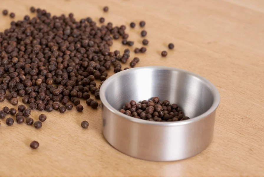 Close-up of black pepper next to dog bowl showing safe small amount