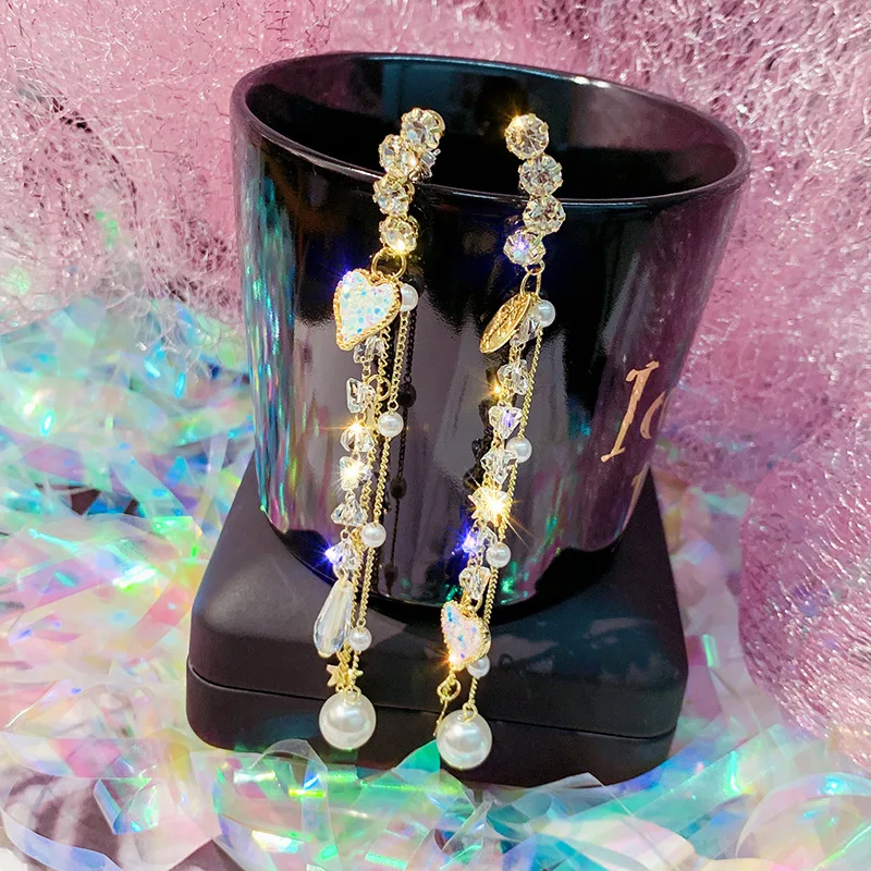 

2021 fashion heart pearl fringed crystal dainty dangle earring