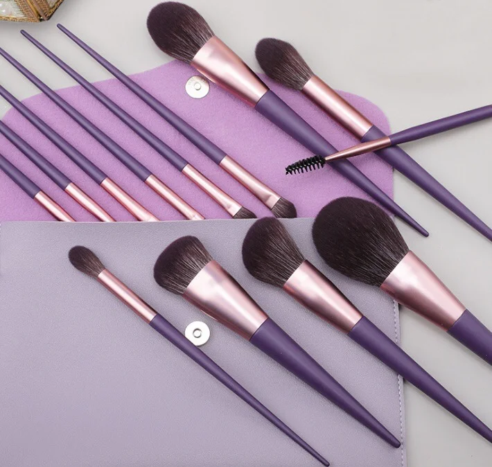 

professional 13pcs wooden holder synthetic custom own brand private label travel purple eye makeup brush set