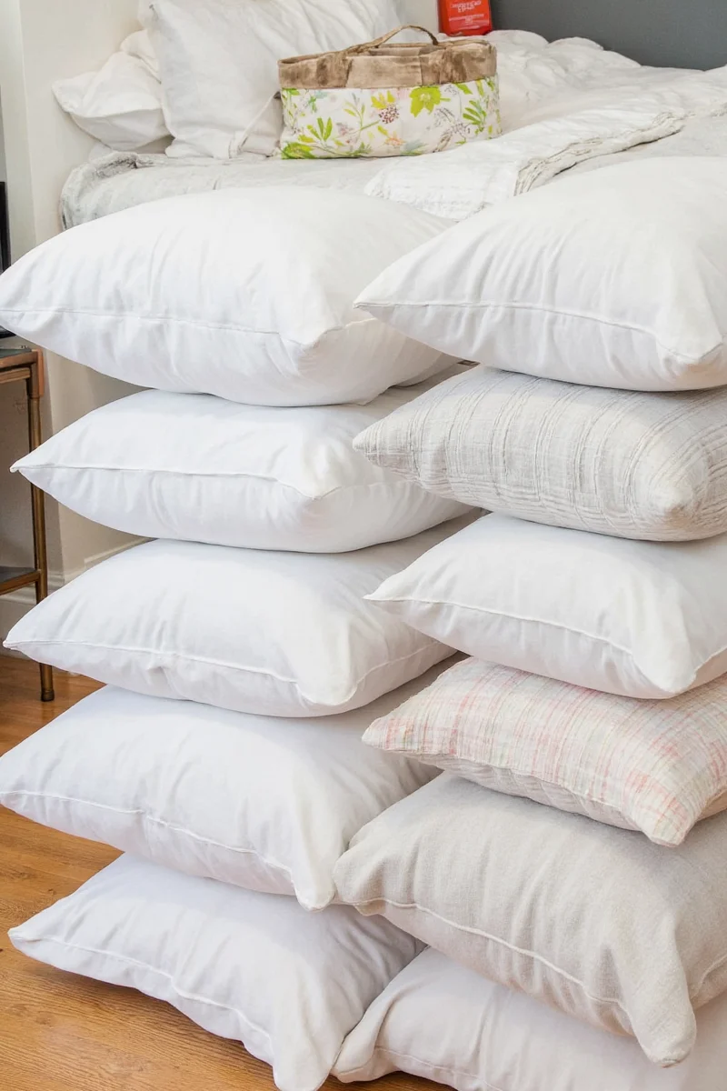 Vacuum-sealed bags of decorative pillows in closet