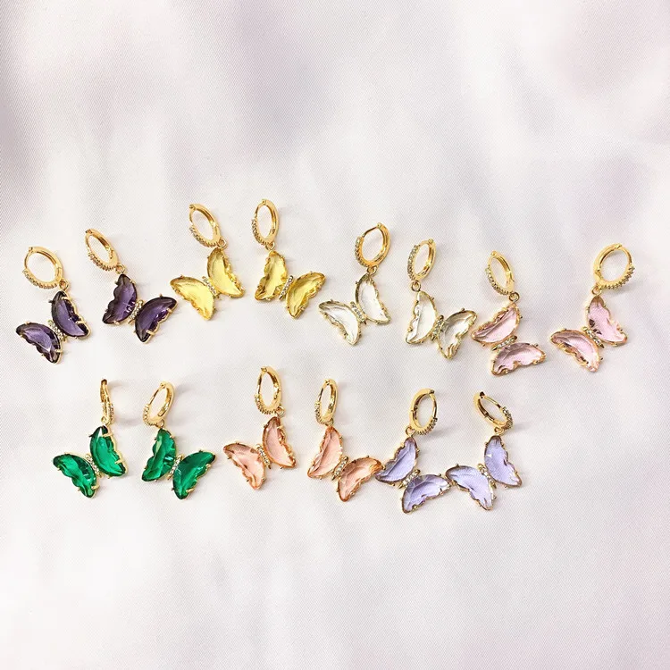 

SP Pink Butterfly Glass Crystal Earrings Korean Butterfly Charm Diamond Hoop Earrings