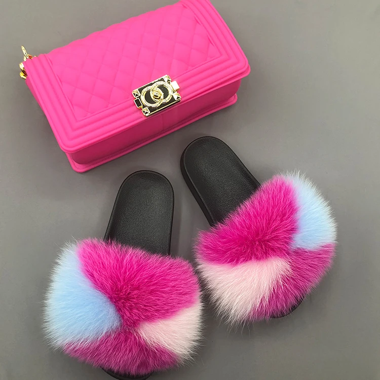 

Pink furry real fox fur slides matching jelly purse set womens fur slides purse set, Customized color