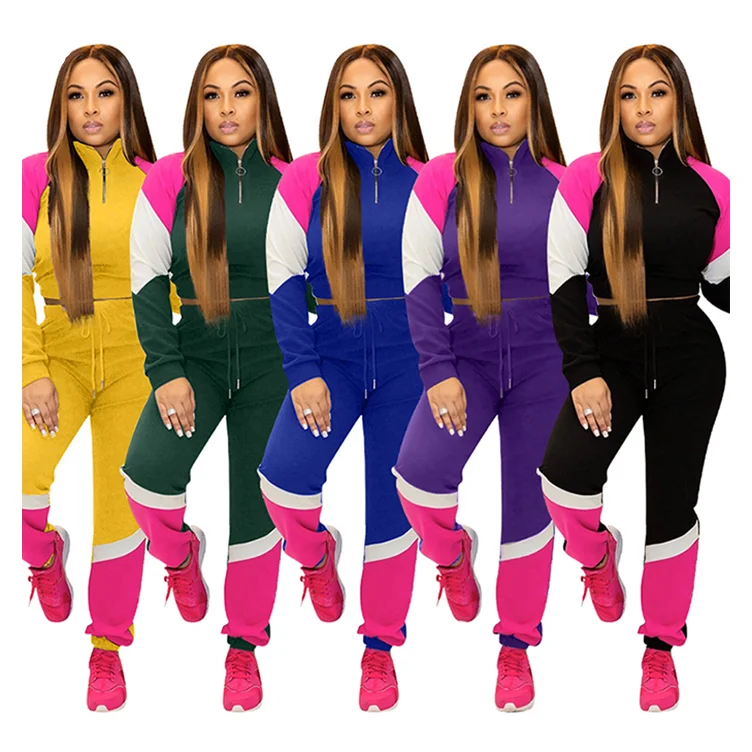 

*GC-T053 2022 new arrivals casual fashion contrasting Wholesale sexy color zipper tracksuit Women Clothing Two Piece Sets, Yellow, purple, black, dark green, blue