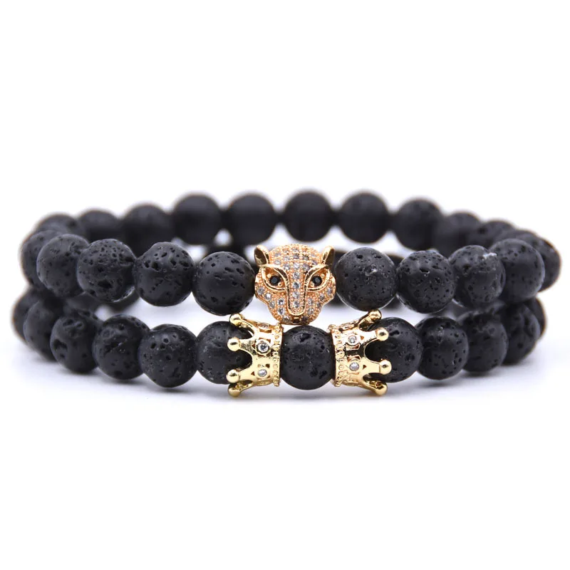 

Hot Sale Punk Men's Elastic 2Pcs/Set 8mm Natural Black Volcanic Lava Stone Royal Crown Leopard Head Bracelet Set