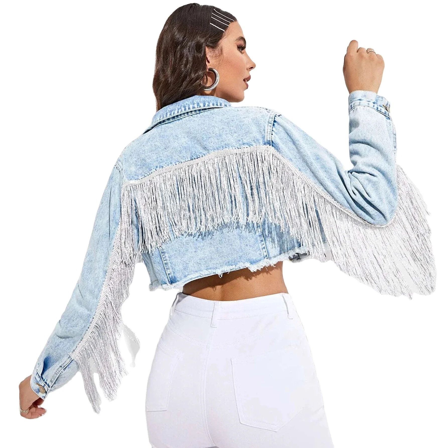 

Women's Clothing Fashion Tassel Denim Jacket Women Rhinestone Chain Denim Short Jacket