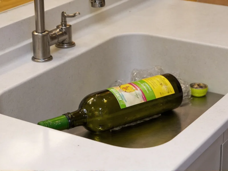 Wine bottle fruit fly trap placed in kitchen sink