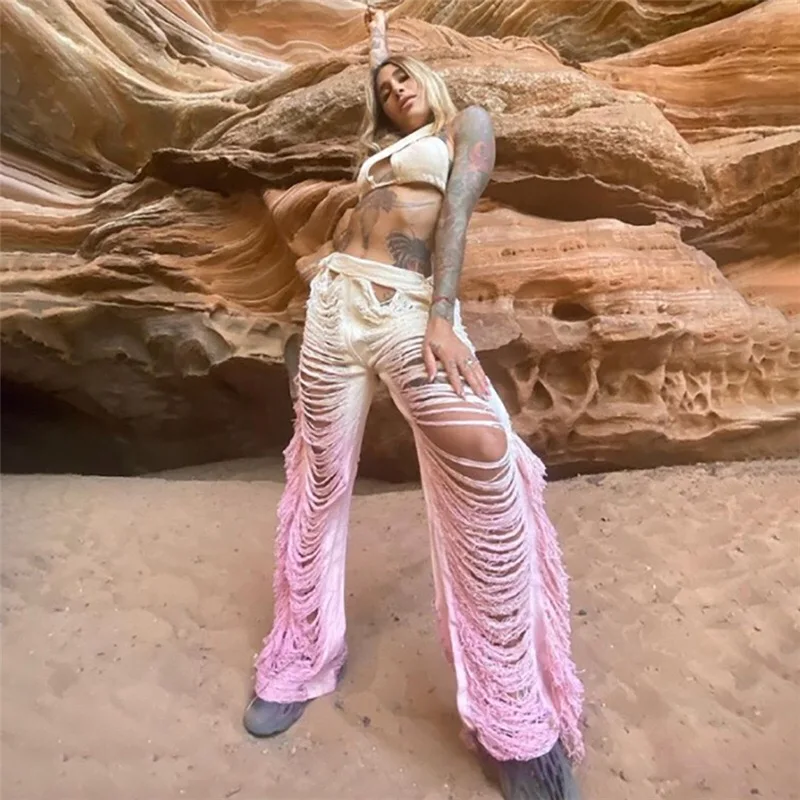 

2022 Knitted Stitching Women Pants Sexy Fashion Tassel Color Match Hollow Out Ripped High Street Style Female Straight Trousers