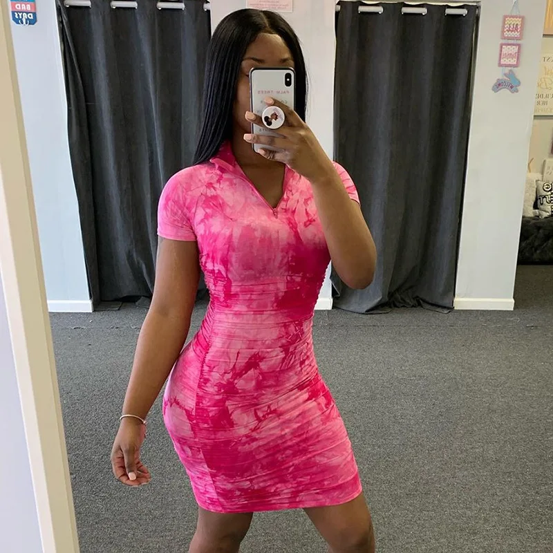 

Reaqka Tie Dye Print Fashion Short Sleeve Bodycon Clubwear Midi Dress for Women Wholesale OEM ODM