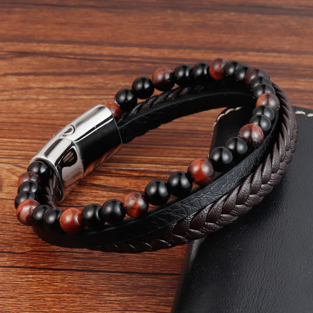 

Punk Tiger Eye Lava Men Natural Stone Bead Stainless Steel Magnetic Clasp Mulit Layer Brown Leather Bracelet, Black