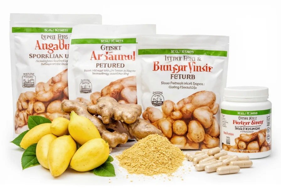 Variety of ginger products including fresh root, powder, and capsules labeled for blood pressure support