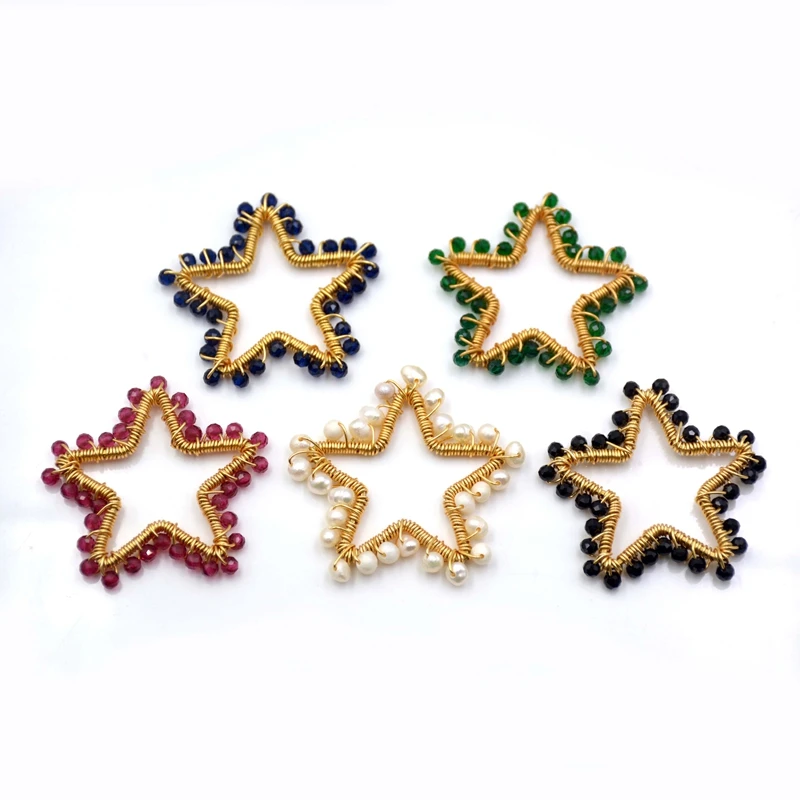 

Popular Natural handworked Gold Wire Wrapped Gemstones Star shape gold plated Pearl Charms for women jewelry Making bulk, Multi natural pendant