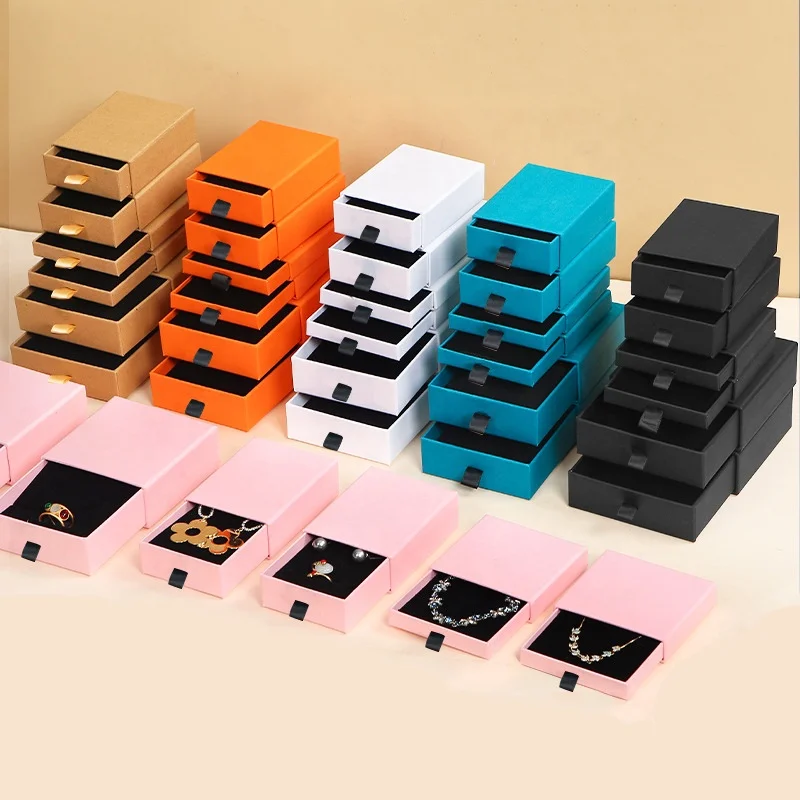

Wholesale Cardboard Paper Jewelry Packaging Gift Boxes Custom Drawer Slider Box Holder with logo Ring Earring Necklace Display