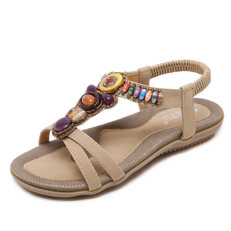

Factory Sale Ladies Retro Sandals Solid Color Fish Mouth Open Toe Hollow Beaded Elastic Ankle Strap Women Sandals