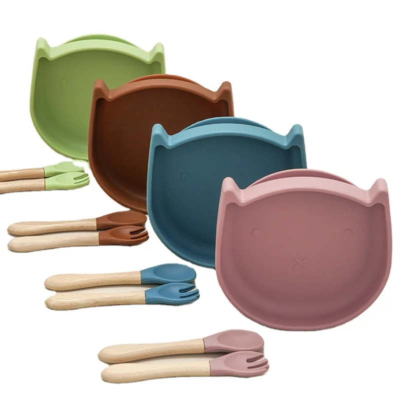 

Wholesale children tableware set with silicone fork spoon with wooden handle for luxury dining plates set, Blue,chocolate,pink and green